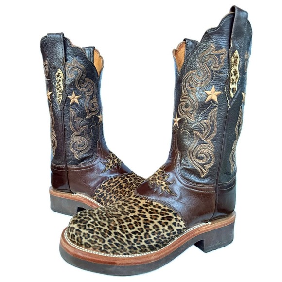 LUCCHESE Leopard Hair On Crepe Sole Brown Western Cowboy Boots - Picture 2 of 7